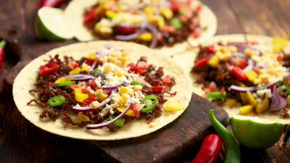 Healthy Corn Tortillas with Grilled Beef, Fresh Hot Peppers, Cheese, Tomatoes