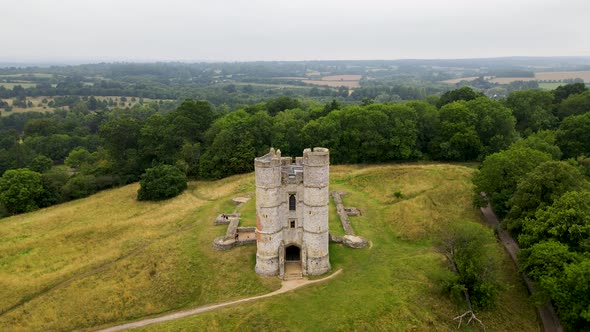 Donnington Castle and surrounding landscape. Berkshire county, UK. Aerial ascending