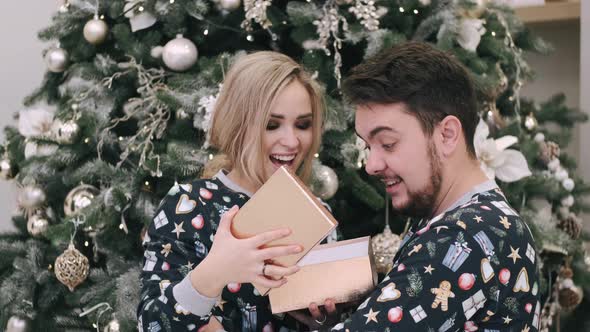 Attractive Cheerful Man and Woman Sitting Near Christmas Tree Hugging