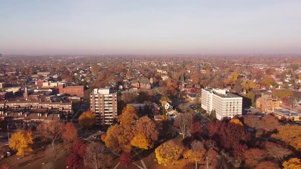 Aerial View Of Buildings And Colorful Trees Near Detroit River In Wyandotte Michigan In Autumn - dro