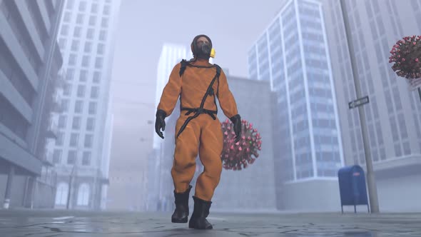 A Man in a Biohazard Suit Walks Around the City with a Flying Coronavirus