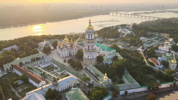 Kyiv-Pechersk Lavra in the Morning at Sunrise. Ukraine. Aerial View