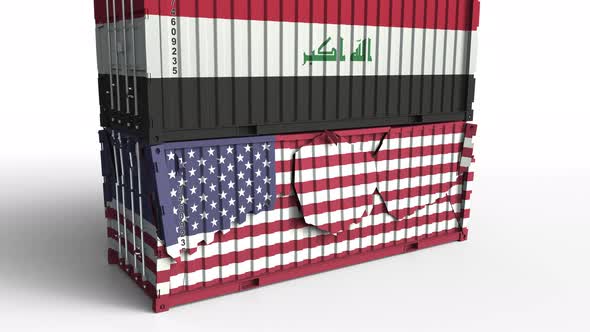 Container with Flag of Iraq Breaks Container with Flag of the USA