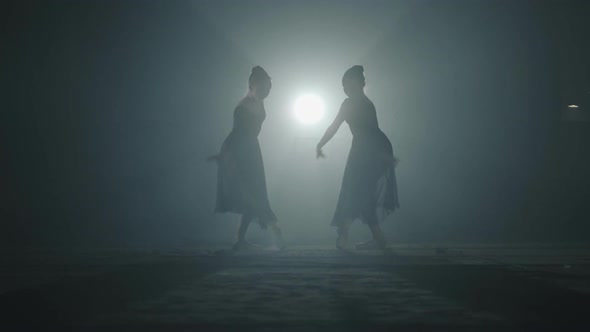 The Silhouettes of Two Slim Professional Ballerinas Dancing Simultaneously in Black Dress in the
