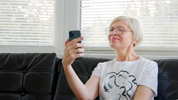 Mature woman making video call online at home using smart phone. Talking over video conference
