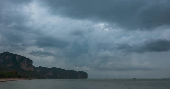 Time Lapse of Rain Clouds Over Beach and Sea Landscape with Boats