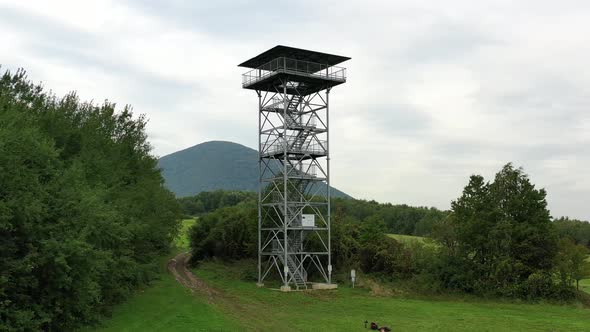 Aerial view of the Zlatnik lookout tower in the Slanske vrchy locality