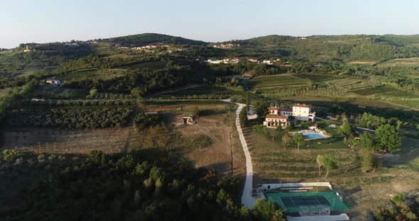 Aerial view of beautiful countryside at sunset with vineyard, Croatia.