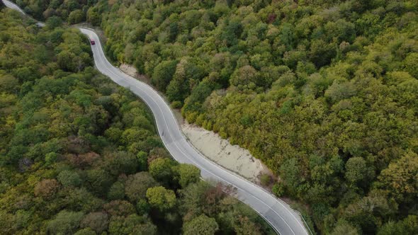 cars are going on the winding road aerial view