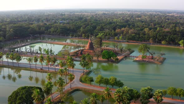 Aerial View of Wat Sra Sri or Wat Sa Si in Sukhothai Historical Park in Thailand