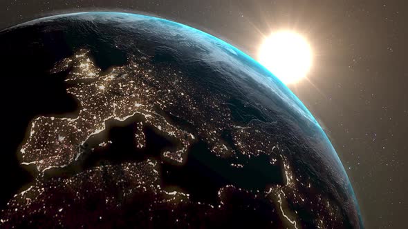 View from near-Earth orbit on the European part of the planet. The sun rises and moves from east to alt