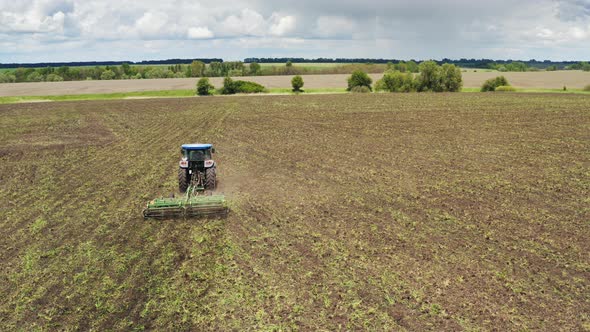 Farmer on a Tractor with a Cultivator Works in the Field