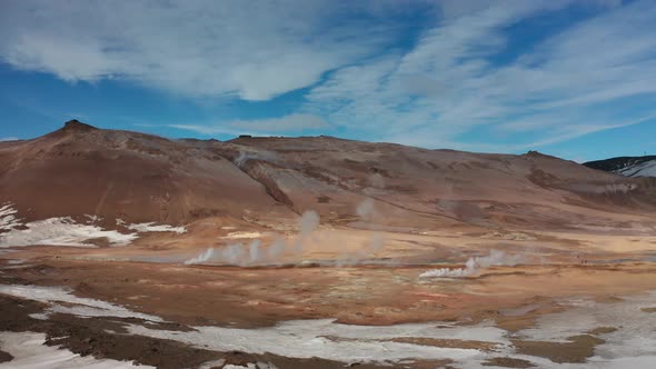 Aerial View of a Valley with Steaming Fumaroles. Iceland. Winter 2019