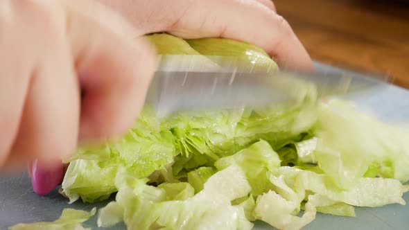 Female cutting fresh and juicy lettuce in close up static view