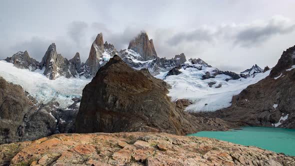 Time lapse video of Mount Fitz Roy and the clouds above. Steady cam shot of Mount Fitz Roy