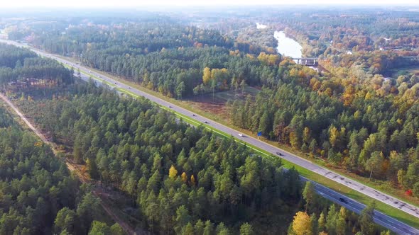 Latvia, A2 Highway Autumn Landscape From Above. 