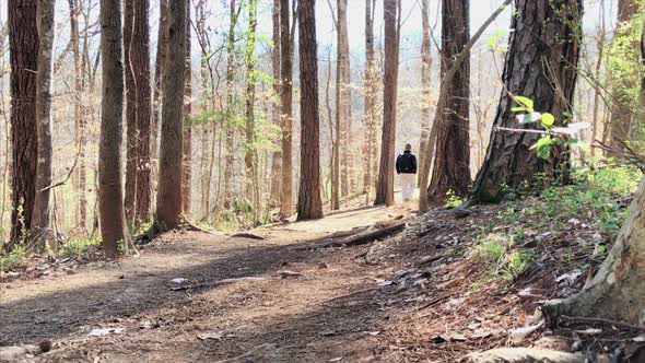 Low Angle Shot of a Caucasian Man Walking Through a Forest