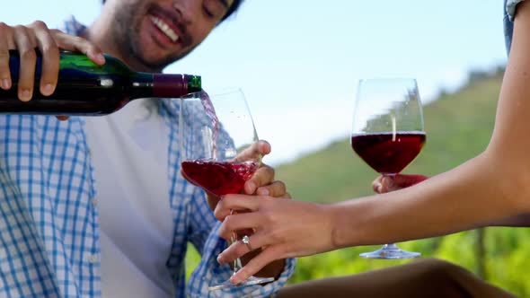 Man serving red wine to woman in the farm