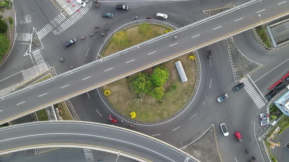 Aerial top view of the flyover in the morning in Yogyakarta, Indonesia