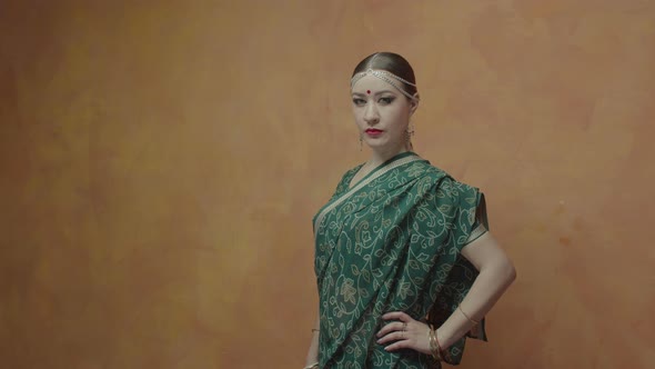 Determined Pretty Woman in Hindu Sari Posing Indoors