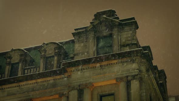Large Old Building in Heavy Snowfall
