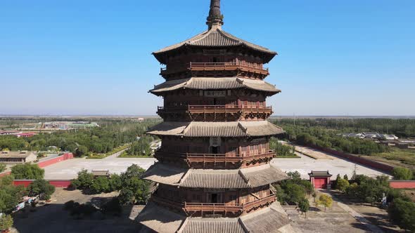 Aerial Wooden Pagoda, Blue Sky