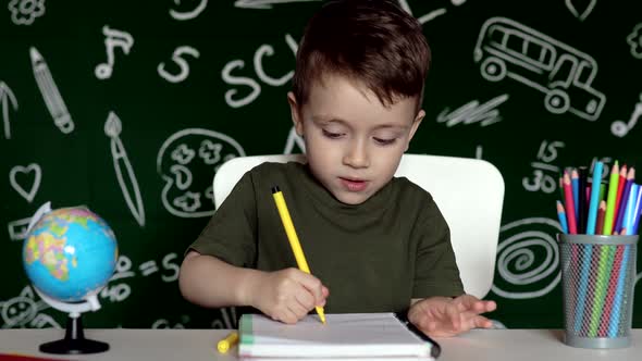 Cute child boy doing homework. Clever kid drawing at desk. Schoolboy