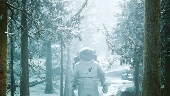 Astronaut Exploring Forest in Snow