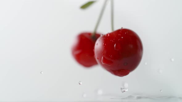 Cherries falling on water surface. Slow Motion.