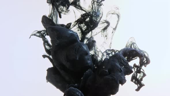 Black Nacreous Paint in Water Against White Background.