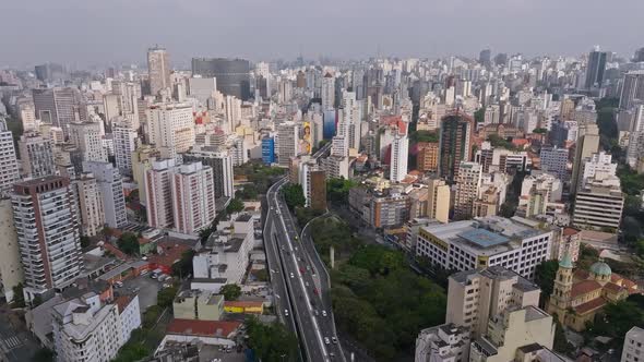 Drone Image, Going Forward, Flies High Over An Avenue, Streets In Sao Paulo, Brazil