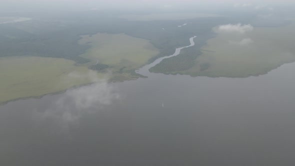 Aerial view of Lake Paliastomi at sunset. Kolkheti National Park, Georgia