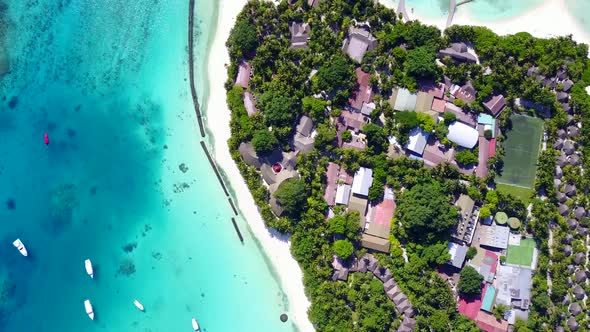 Aerial drone panorama of bay beach by blue lagoon and sand background