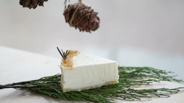 a Piece of White Cheesecake with Pine Nuts