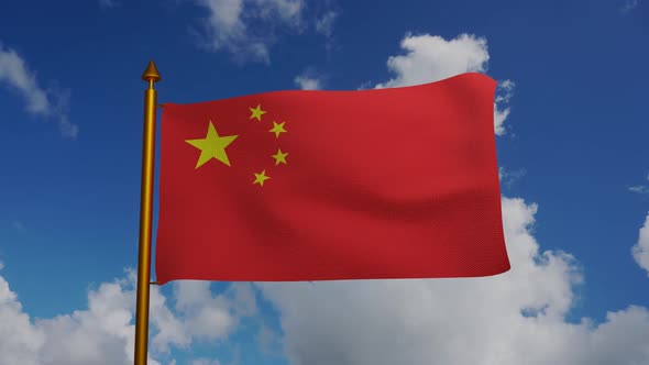 Flag of China waving with flagpole and blue sky timelapse