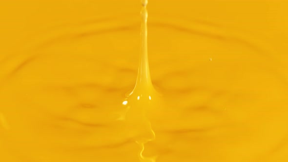 Super Slow Motion Detail Shot of Orange Juice Liquid Drop at 1000 Fps