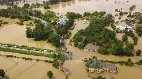 Aerial view of flooded houses with dirty water of Dnister river in Halych town, western Ukraine.