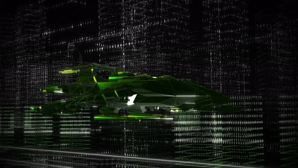Digital Futuristic Battle Starship Design Flying Through Coded Cyber World