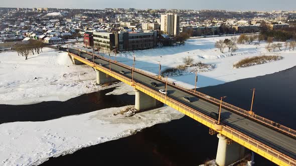 High angle view of Vilijampole bridge in Kaunas during winter season