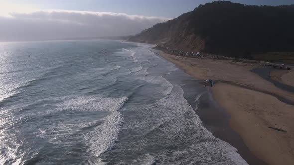 Aerial Drone Shot of Beach  Kiteboarders and Windsurfers (Waddell Beach, Pacific Coast Highway, CA)