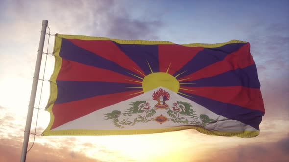 Flag of Tibet Waving in the Wind Sky and Sun Background