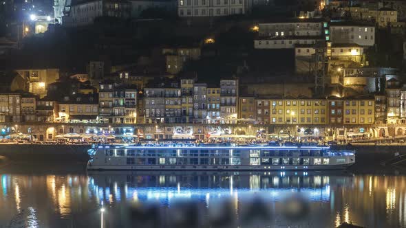 Traditional Quaint Houses in the Old Vintage and Touristic Ribeira District of Porto at Night