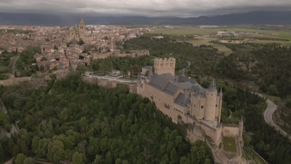 aerial shot of medieval castle alcazar of segovia in spain