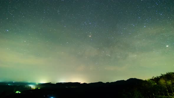 Milky Way galaxy exploration through outer space towards glowing milky way galaxy.