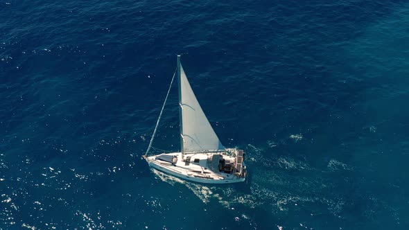 Yacht Sailing on Opened Sea. Sailing Boat. Yachting Video. Yacht From Above. Yachting at Windy Day