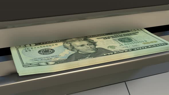 20 US dollar in cash dispenser. Withdrawal of cash from an ATM.