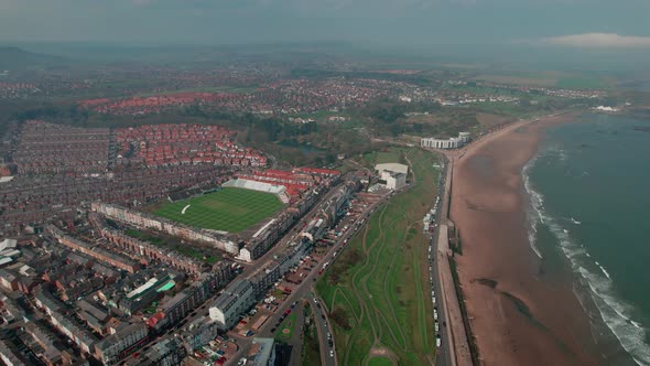 Scarborough North bay houses aerial view above Yorkshire seaside holiday coastal neighbourhood