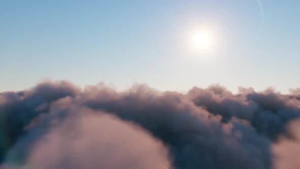 Flight Through Moving Cloudscape with Beautiful Sun Rays