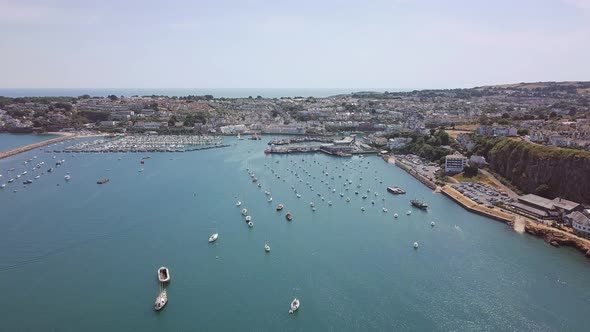 Pedestal shot of beautiful Brixham harbor. Devon county, England, UK.