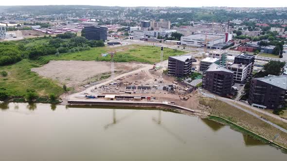 Building site of modern apartment building in Kaunas, Vilijampole district, aerial drone view